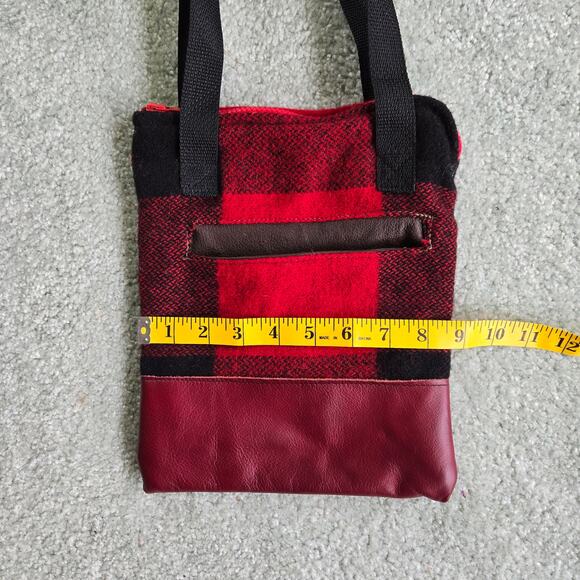 Handmade Buffalo Plaid Shoulder Bag Red Black Wool Feel Faux Leather Fall Winter - Picture 4 of 11